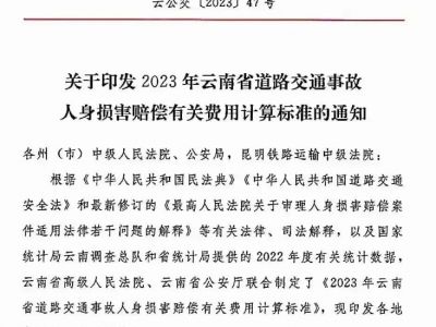 ​重磅！建议收藏！最新公布2023年云南省道路交通事故人身损害赔偿有关费用计算标准